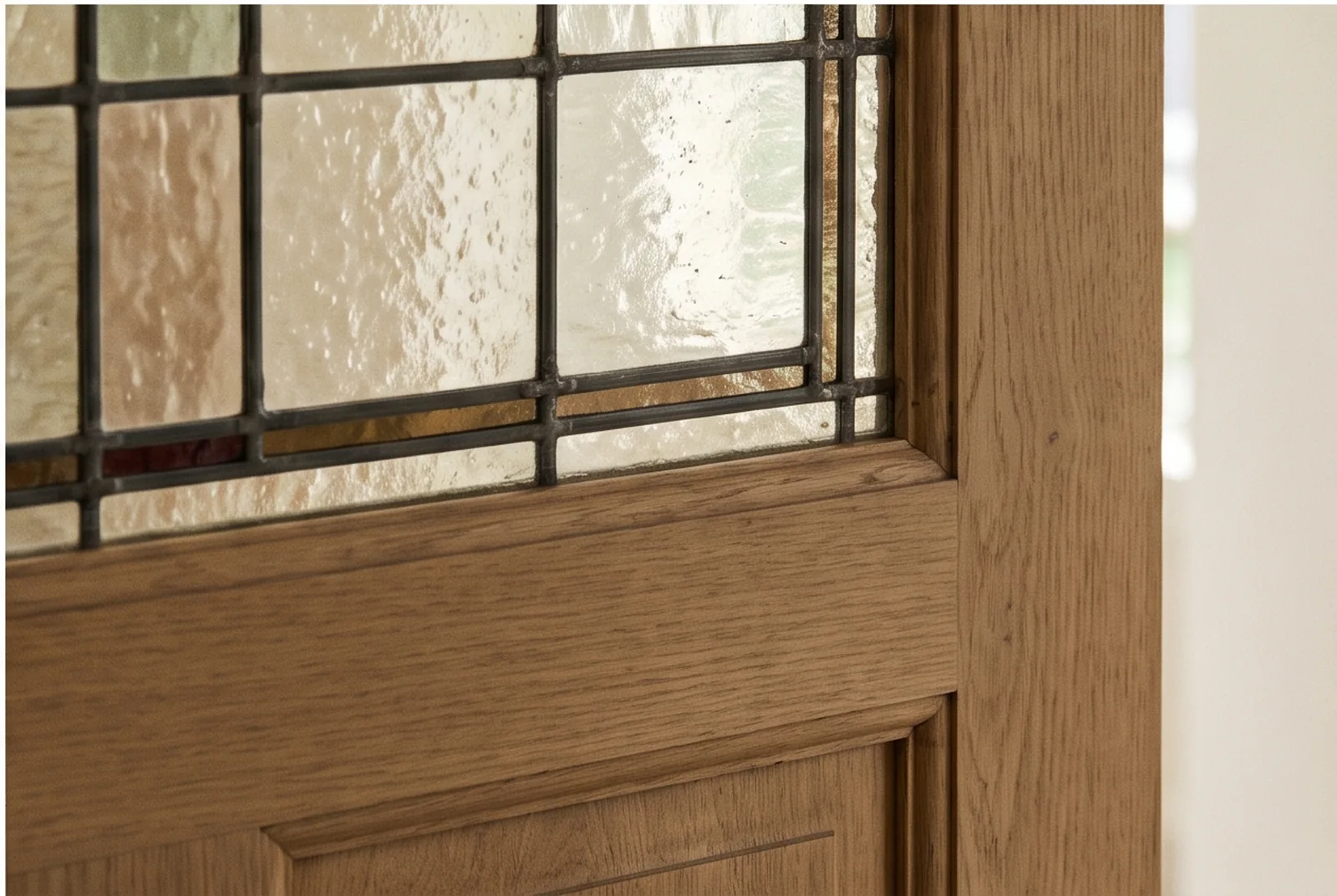 Illustrative restored stained glass and oak door detail