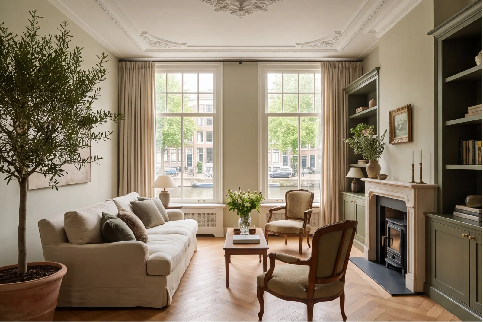 After concept: Living room with two tall sash windows and fireplace