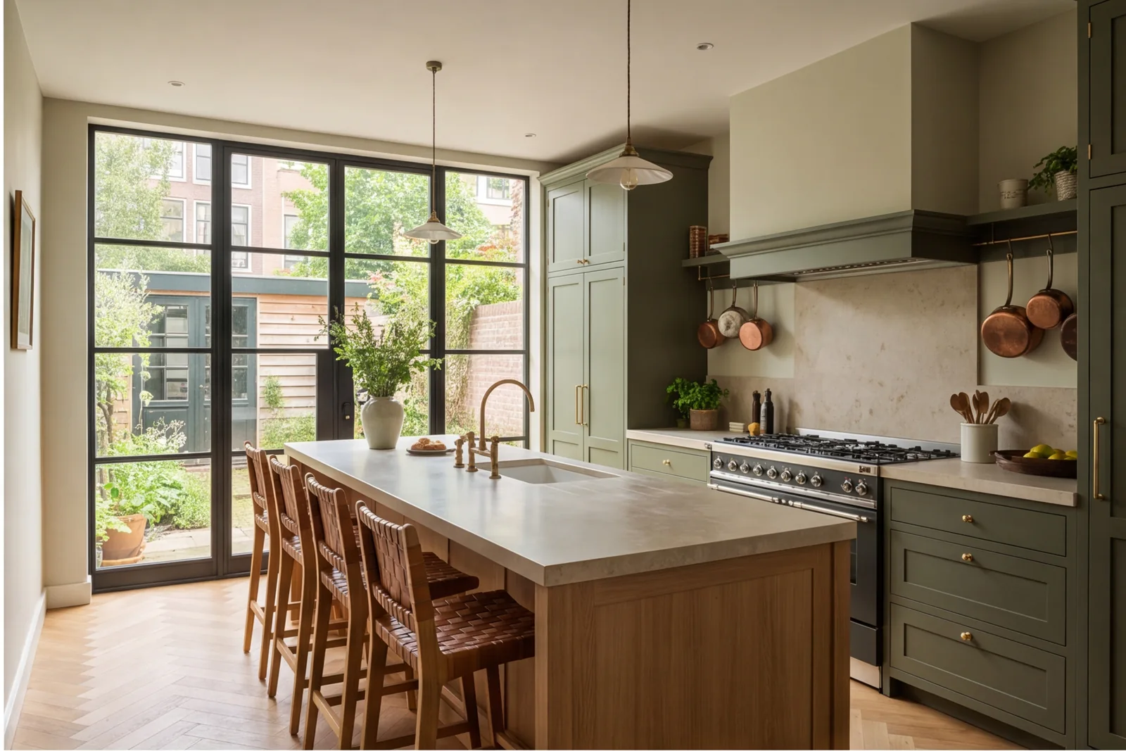 After concept: Kitchen with rear black-framed doors and long oak island