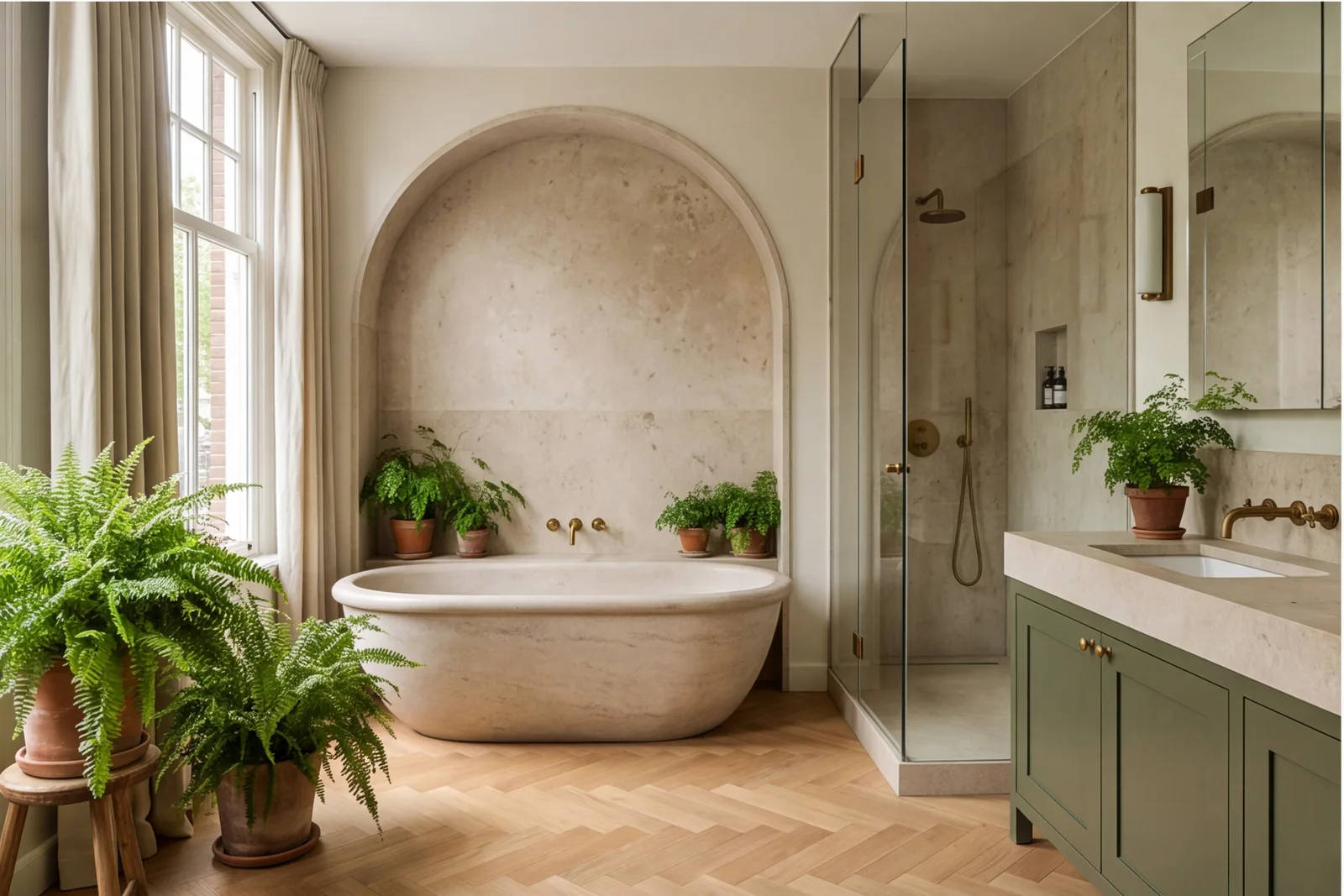 After concept: Bathroom with arched niche and stone bathtub