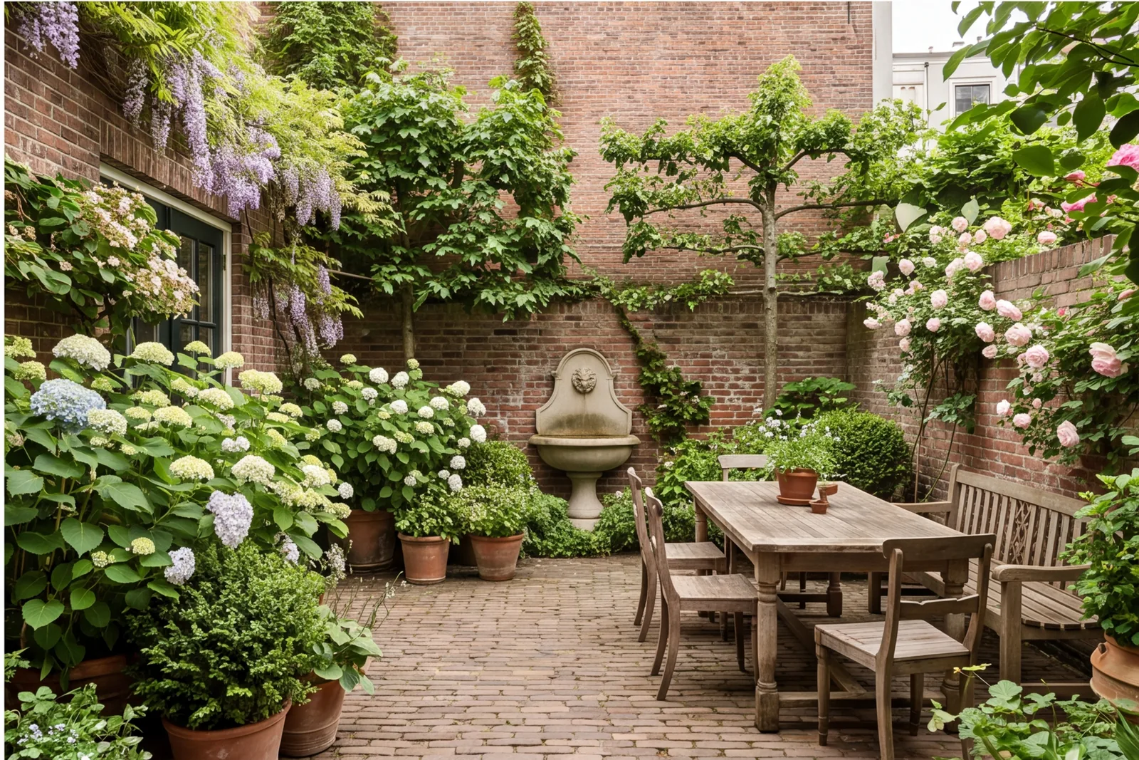 After concept: Small walled garden with brick facade