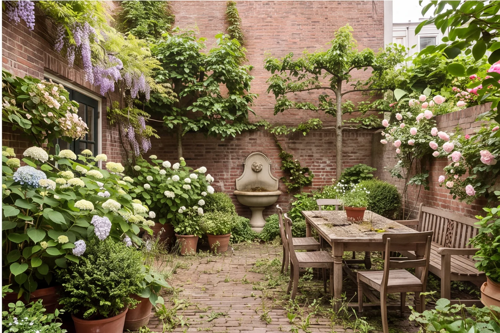 Before concept: Small walled garden with brick facade