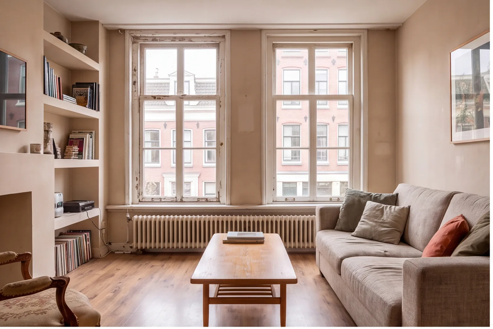 Before concept: Compact living room with paired front windows