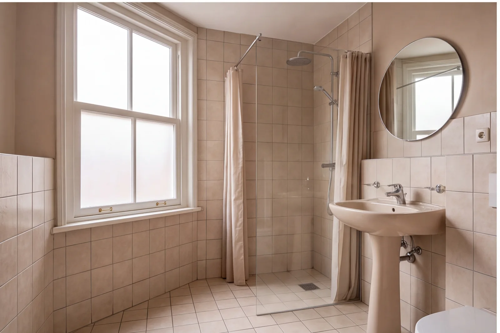 Before concept: Small bathroom with one frosted window