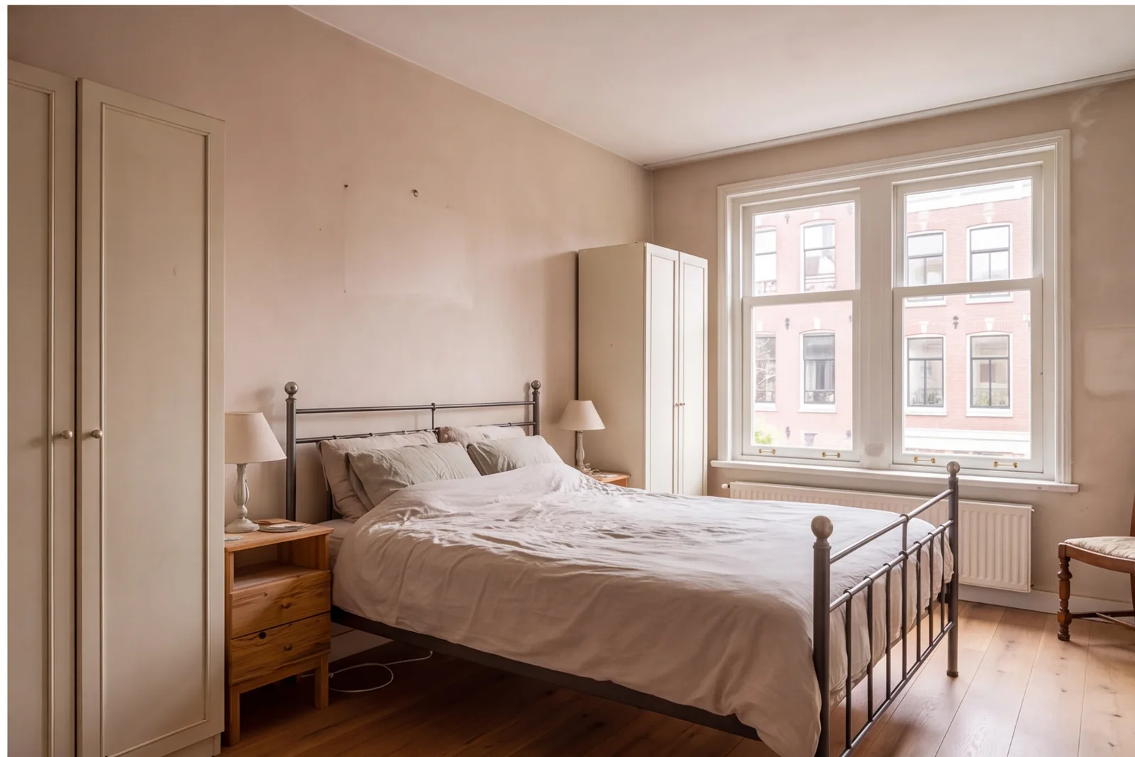 Before concept: Calm bedroom with integrated oak wardrobes