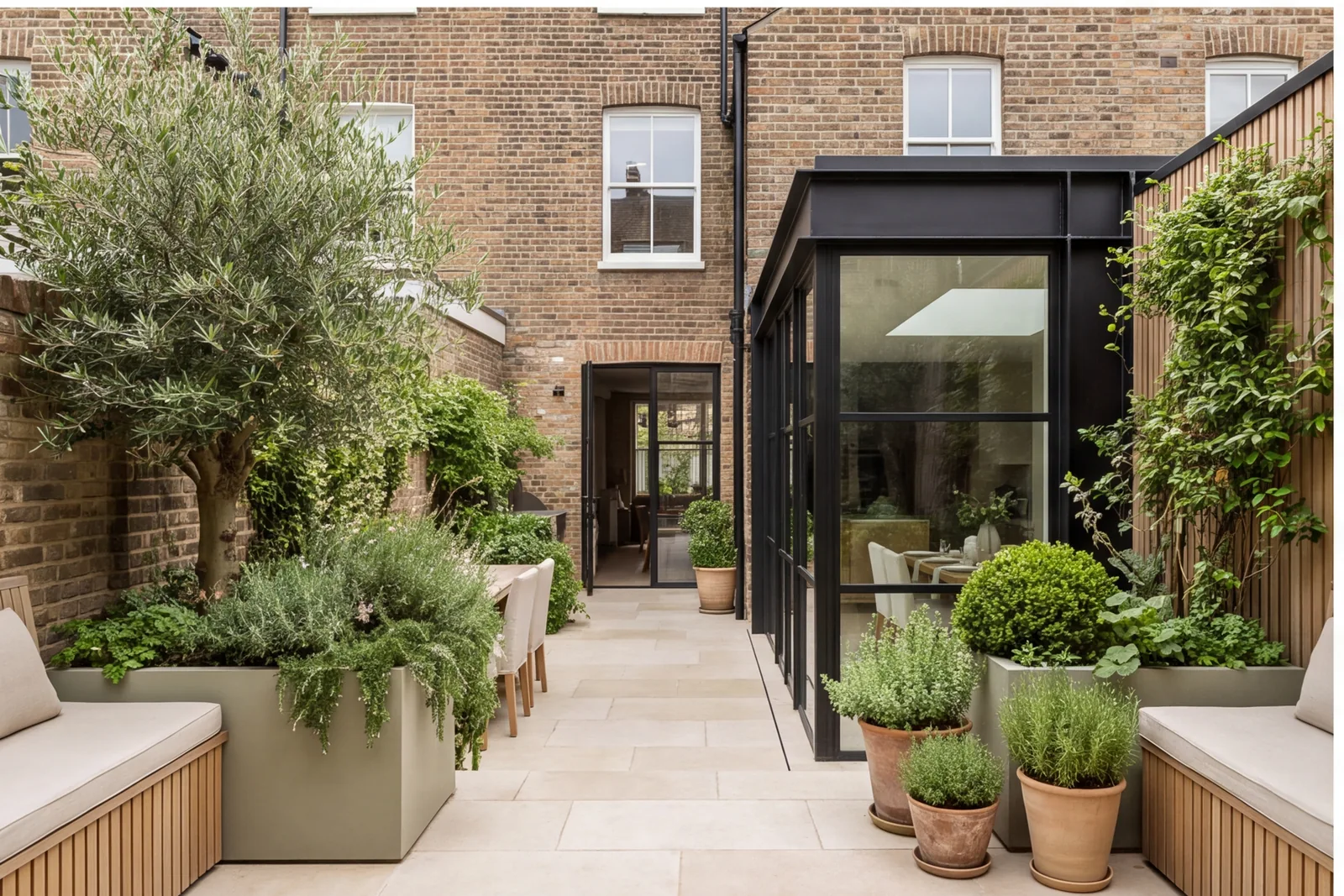 After concept: Courtyard terrace looking at brick house