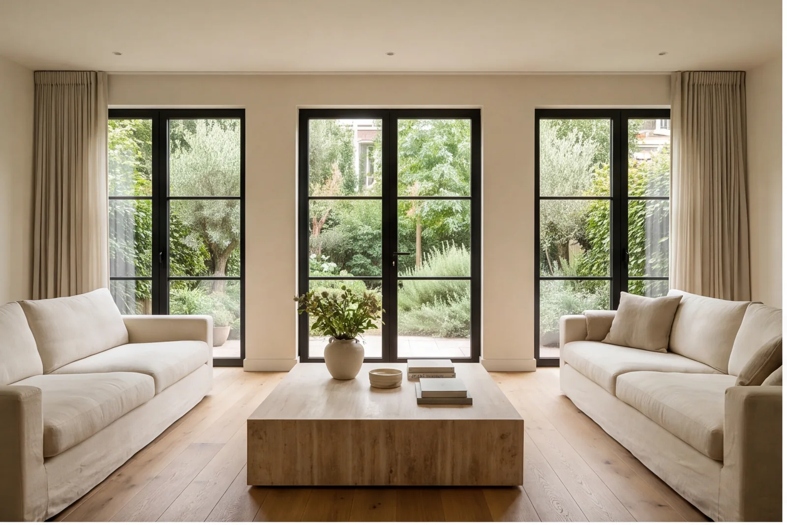 Warm living space connected to a garden, Illustrative concept