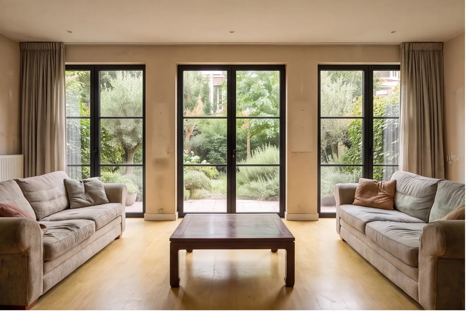 Before concept: Living room opening to garden through three black-framed glazed doors