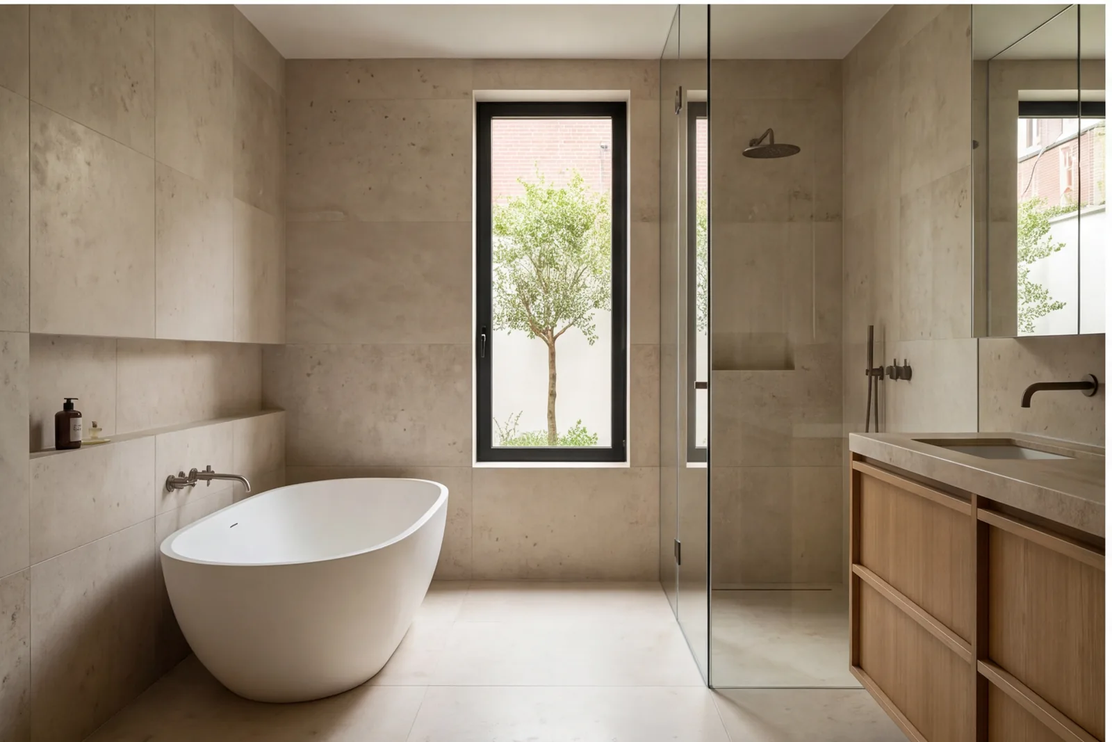 After concept: Limestone bathroom with single tall window