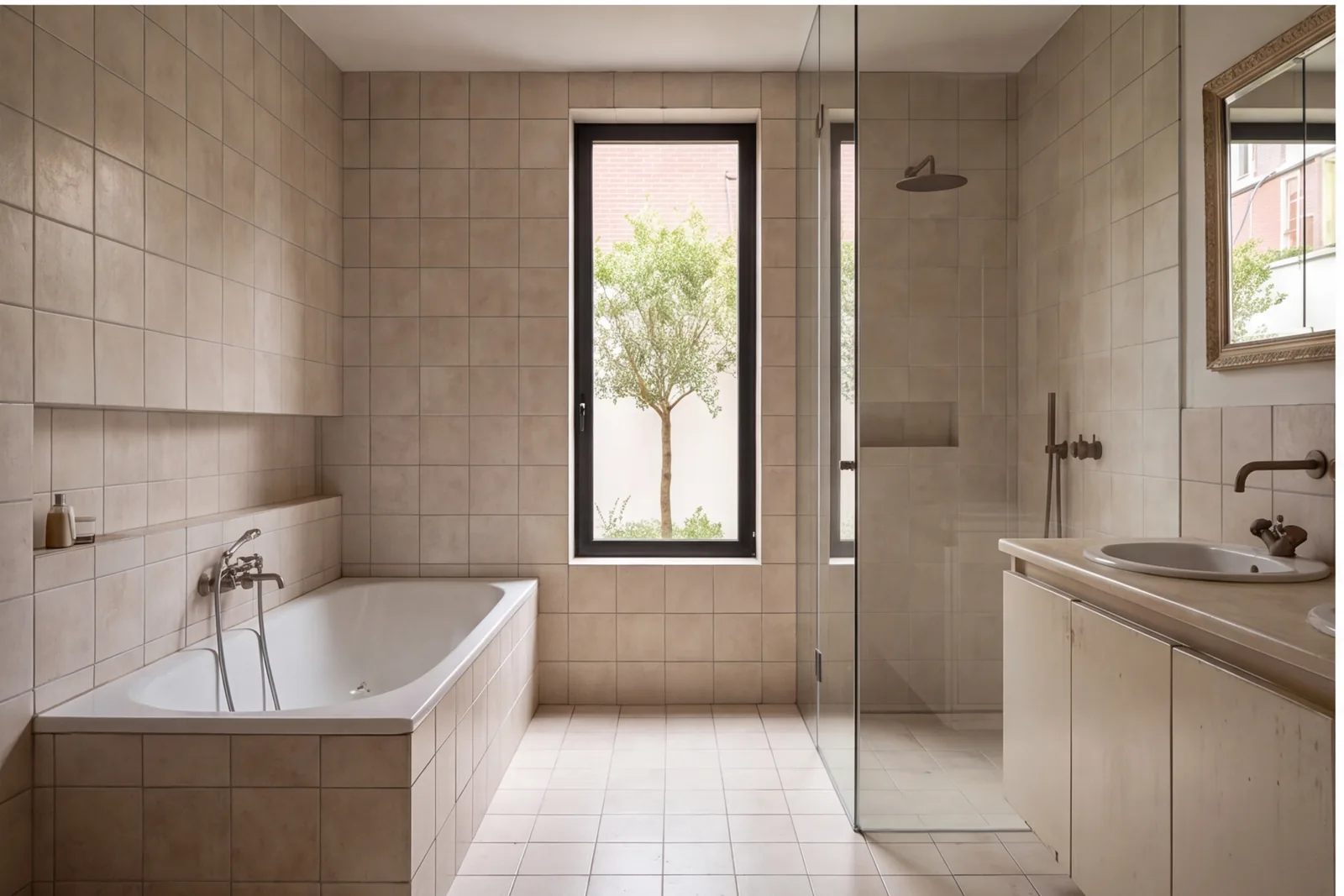 Before concept: Limestone bathroom with single tall window