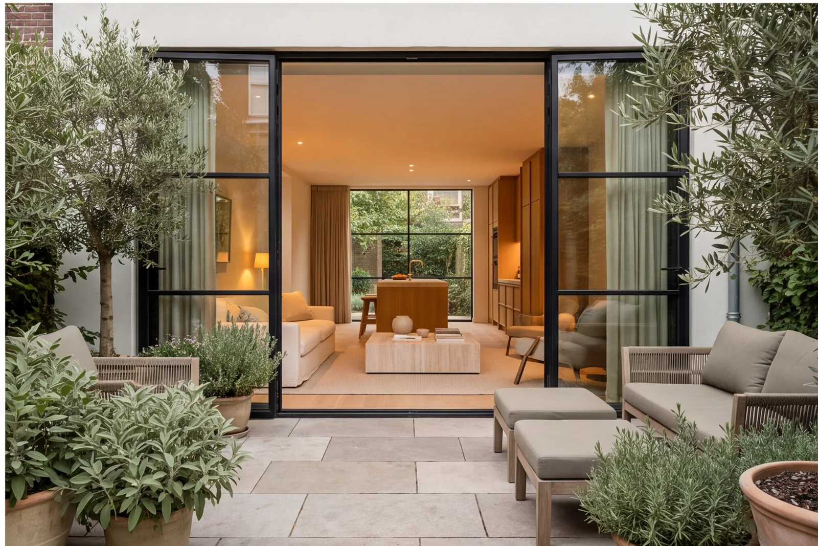 Illustrative garden terrace opening onto a warm Amsterdam home
