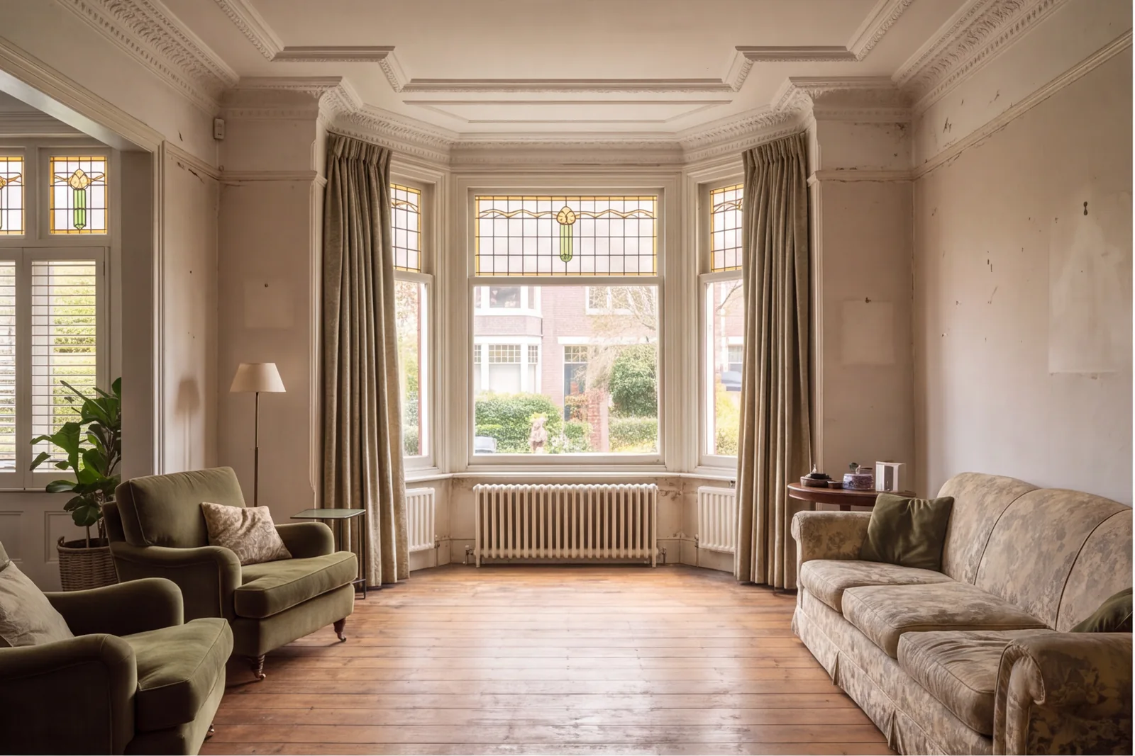 Before concept: Period living room with stained-glass bay window