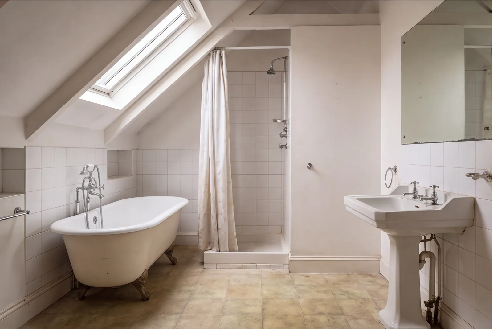 Before concept: Bathroom under a gentle sloping roof