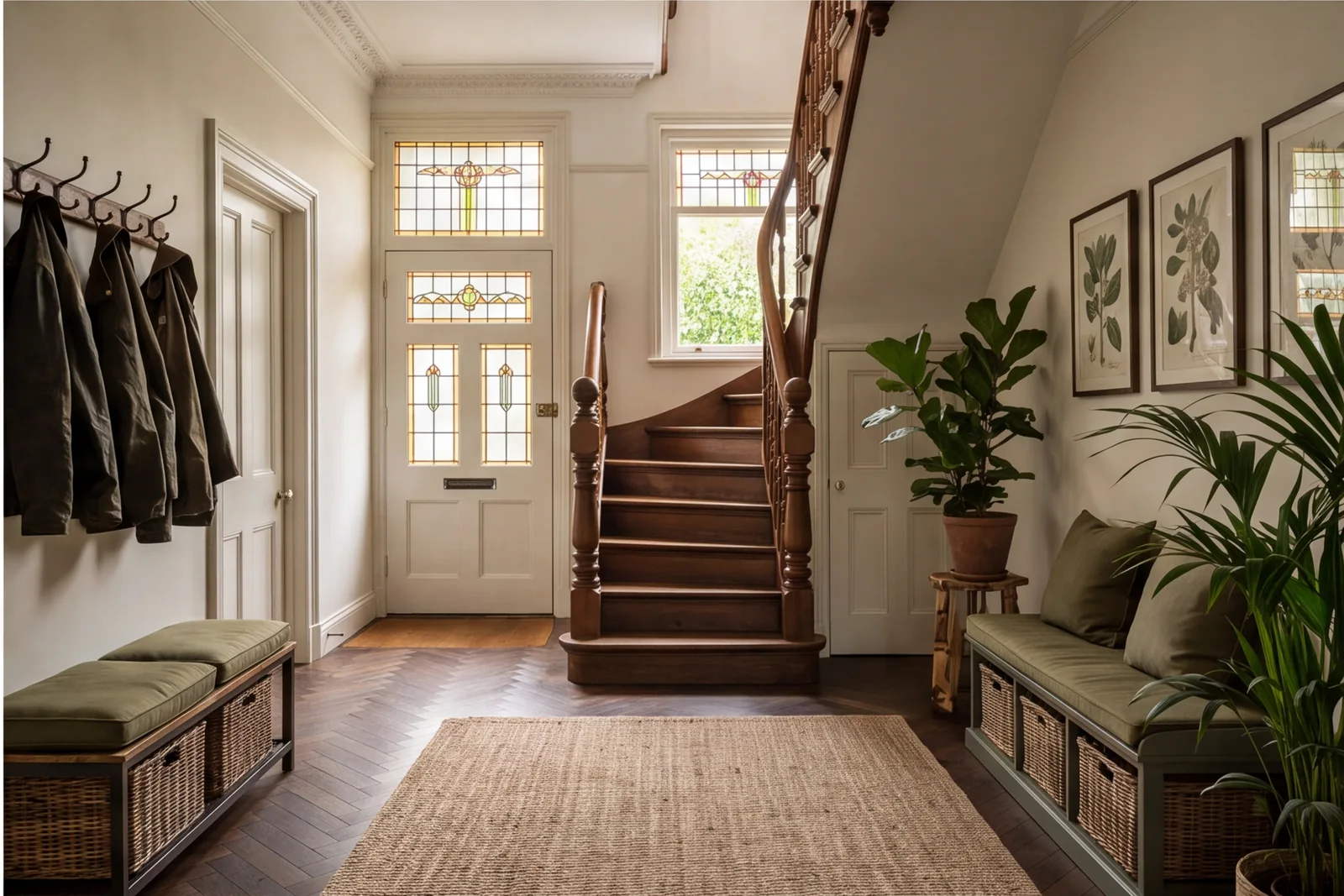 Illustrative heritage hallway with finely detailed timber staircase