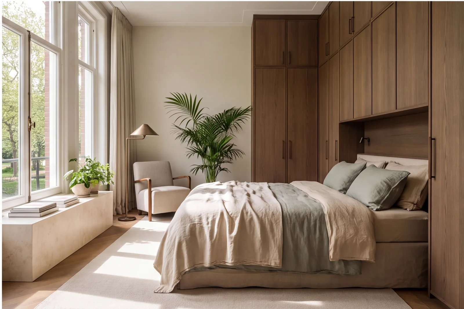 After concept: Quiet bedroom with tall park-facing windows