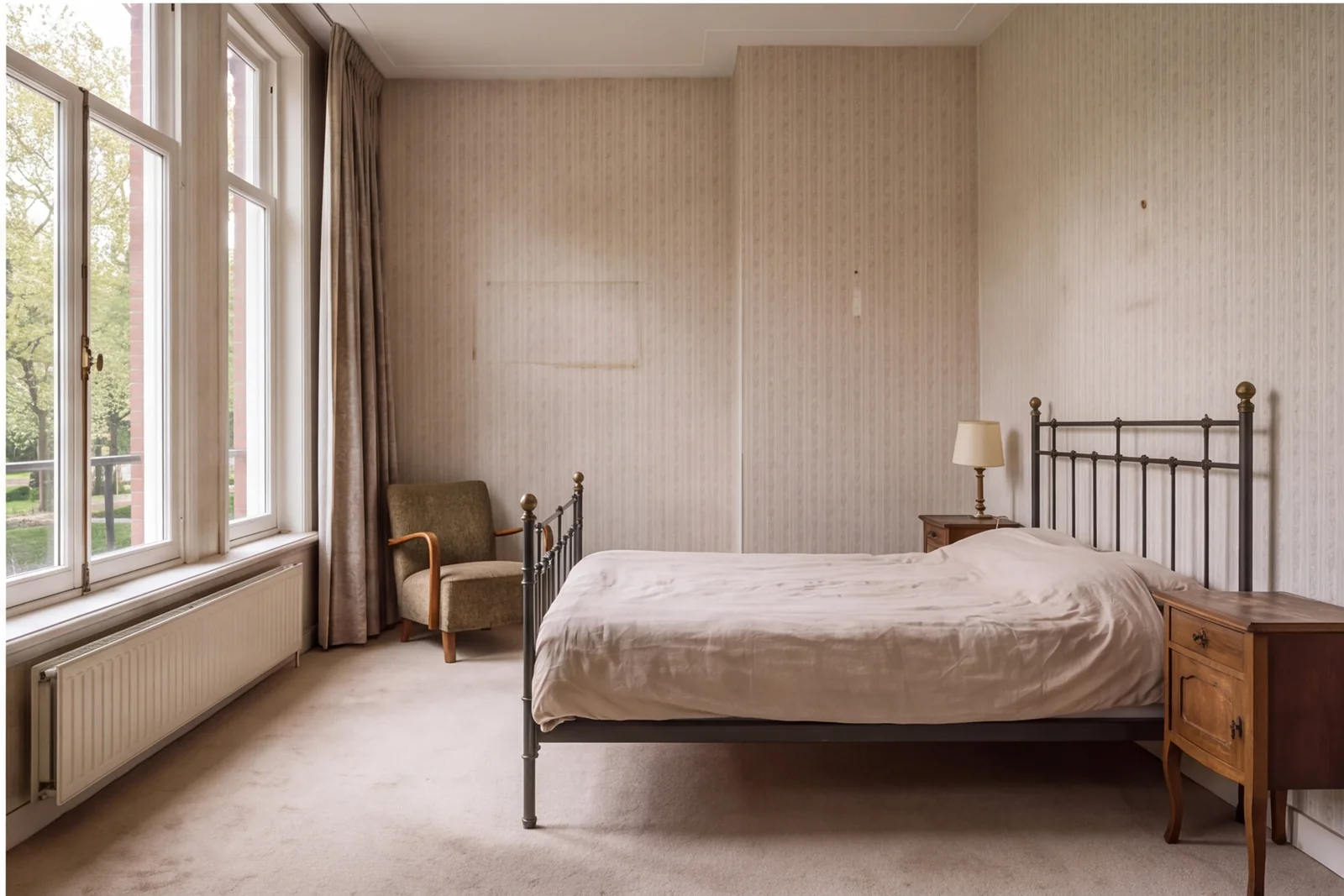 Before concept: Quiet bedroom with tall park-facing windows